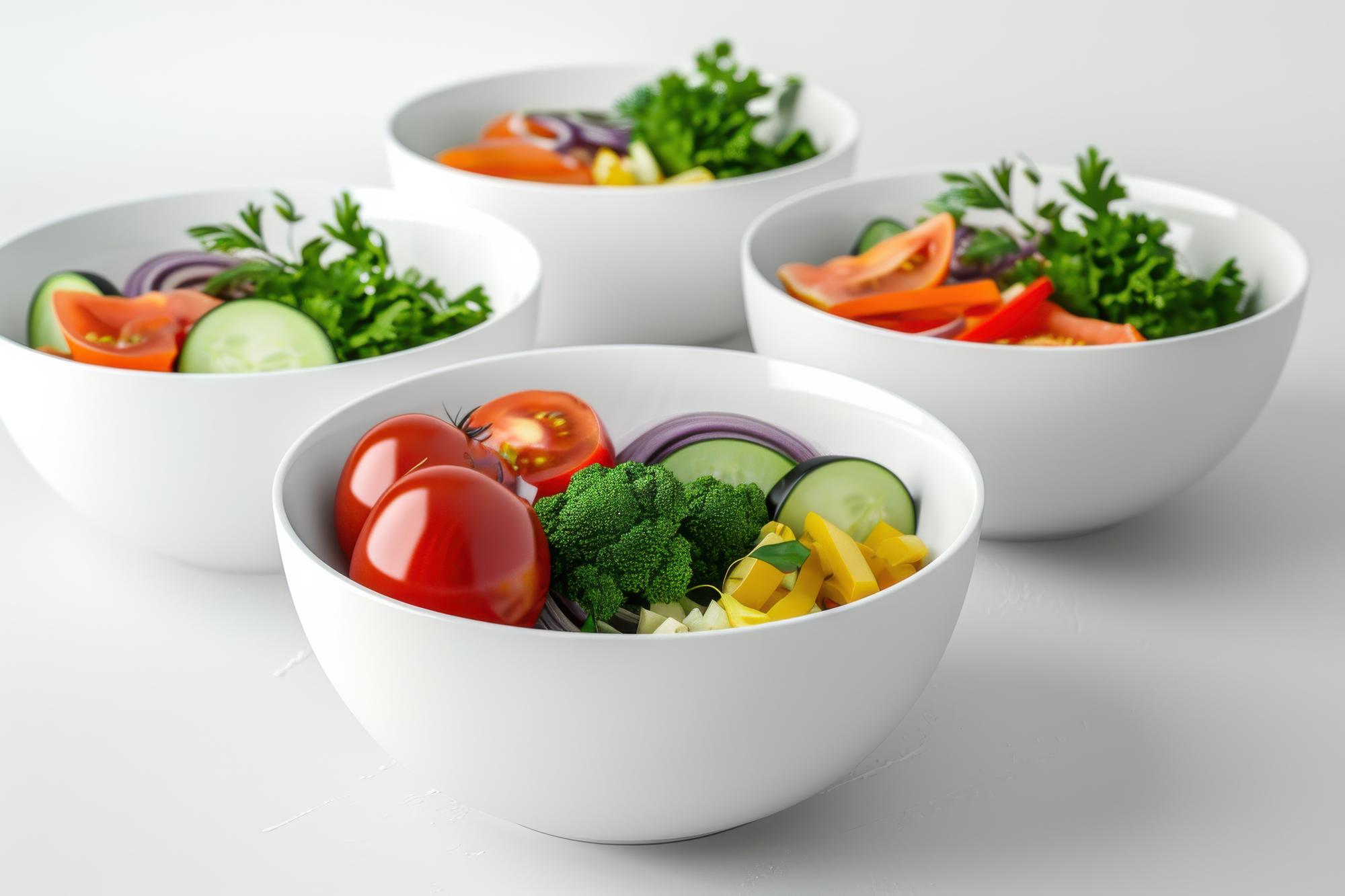 stack of fresh salads in bowls